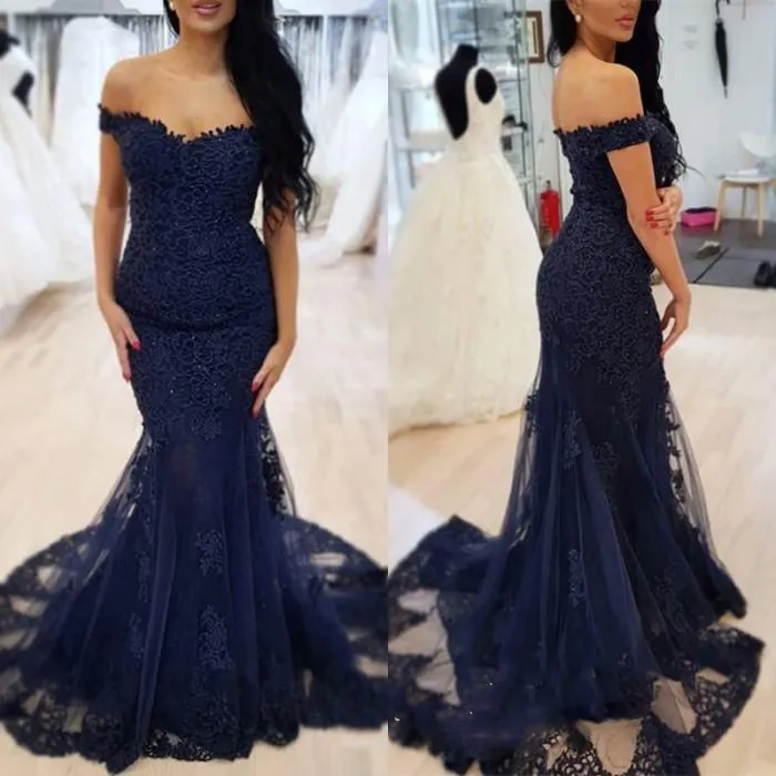 Navy Blue Mermaid Prom Klänningar Långt från axeln Beaded Lace Formal Evening Gowns Party Ball Dress Celebrity Red Carpet Gown