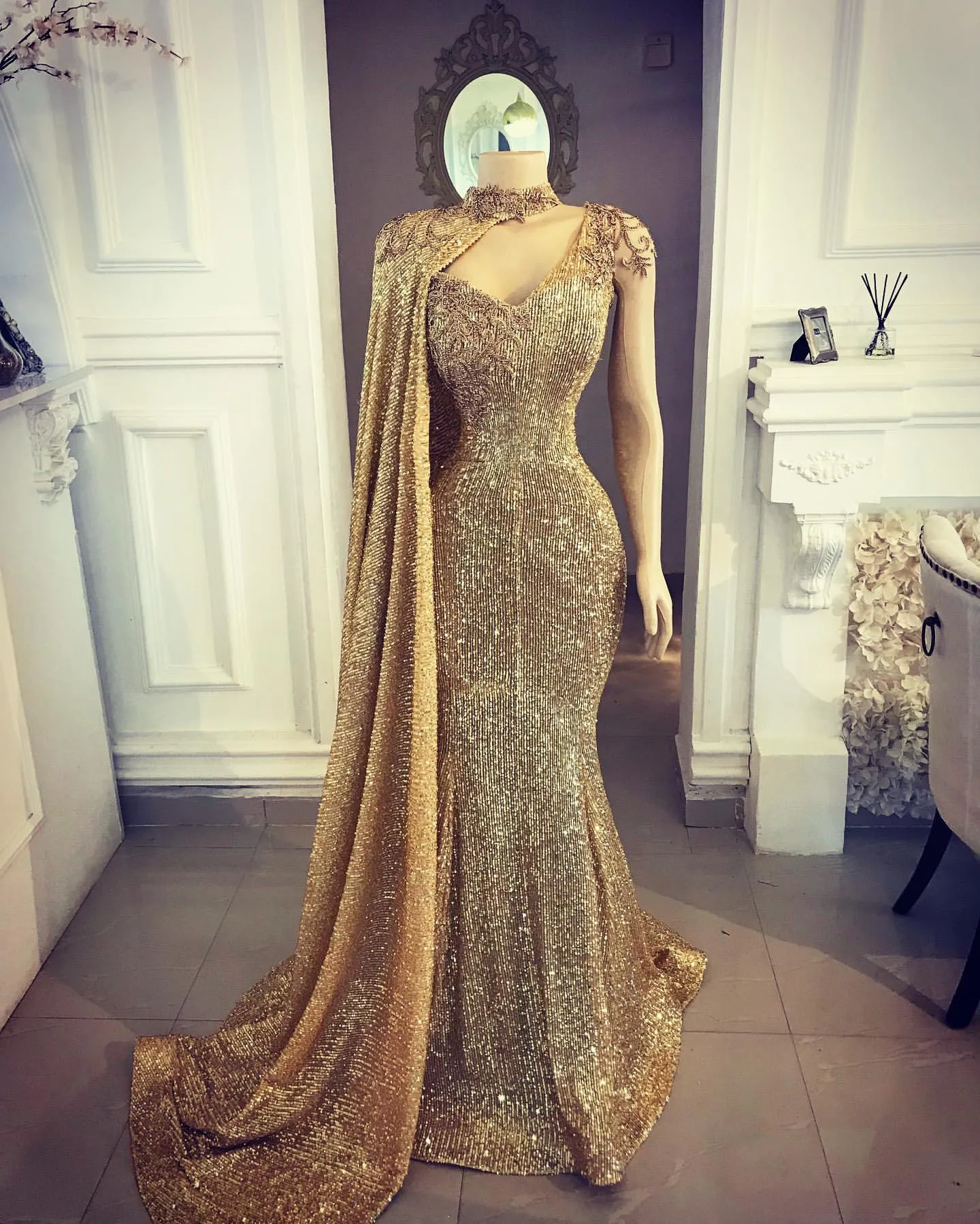 Aso Ebi 2019 Arabic Gold Mermaid Sexy Evening High Neck Lace Beaded Prom Dresses Sequined Formal Party Second Reception Gowns SY362