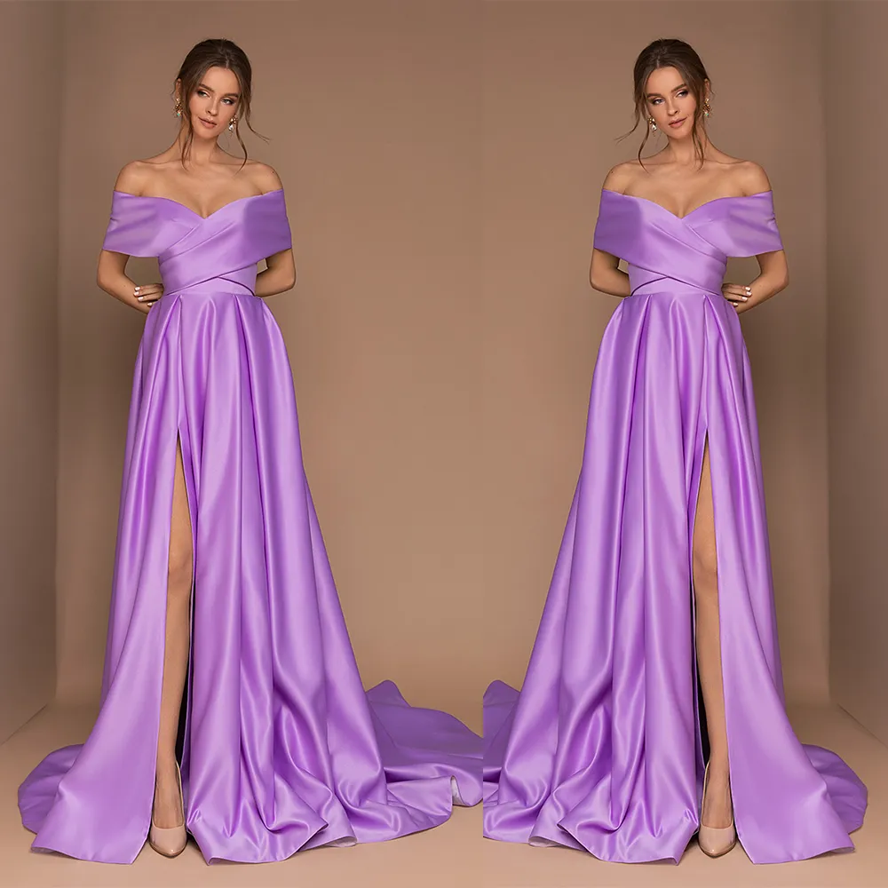 Modest Purple Sliviamo A Line Prom Dress Off spalla manica corta Split Satin Party Dress Sweep Train robes de soir￩e