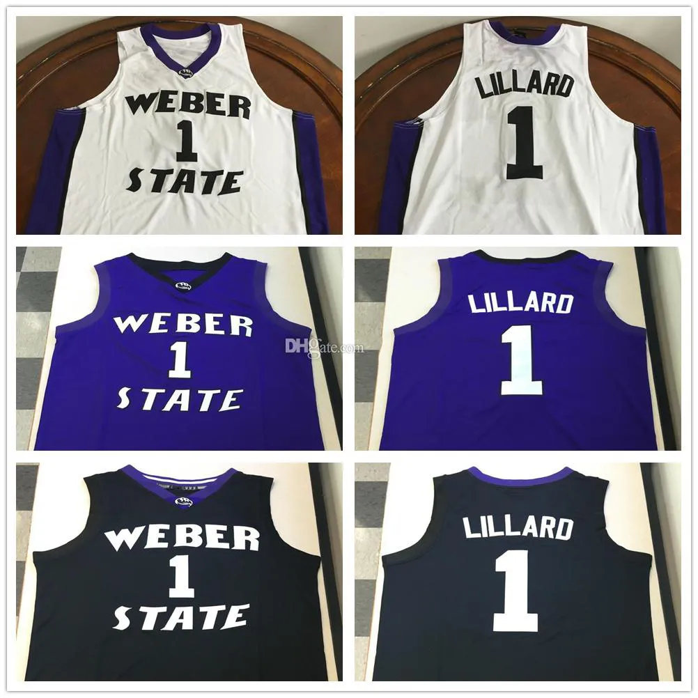 Weber State Wildcats College Damian Lillard #1 Vit Svart Lila Retro baskettröja Herrsydda anpassade tröjor med namn valfritt nummer