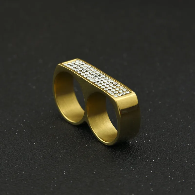 Anello a due dita con strass Hip Hop per anelli semplici geometrici in acciaio inossidabile placcato oro lucido geometrico Gioielli di moda219K