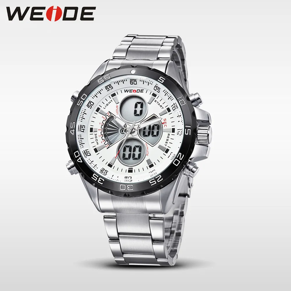 WEIDE Silver Stainless Steel Bracelect Mens Waterproof Analog Digital Auto Date Quartz Watches Male Top Brand Business Watches288j