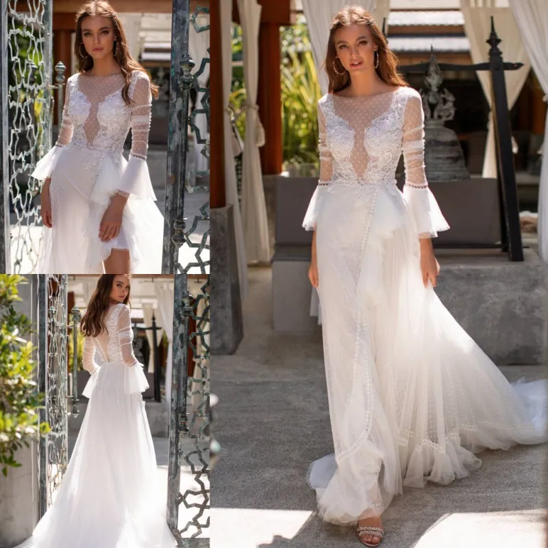 Impressionante A Linha Lace praia vestidos de casamento mangas compridas Bateau Neck frisada Bohemian vestidos de noiva Appliqued Tulle Side Dividir robe de mariée