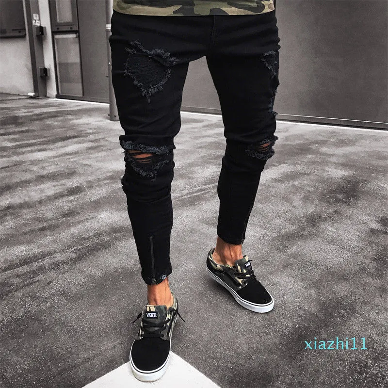 Fashion-Mens Cool Projektant Marka Czarne Dżinsy Skinny Ripped Zniszczony Slim Slim Fit Hop Hop Spodnie z otworami dla mężczyzn