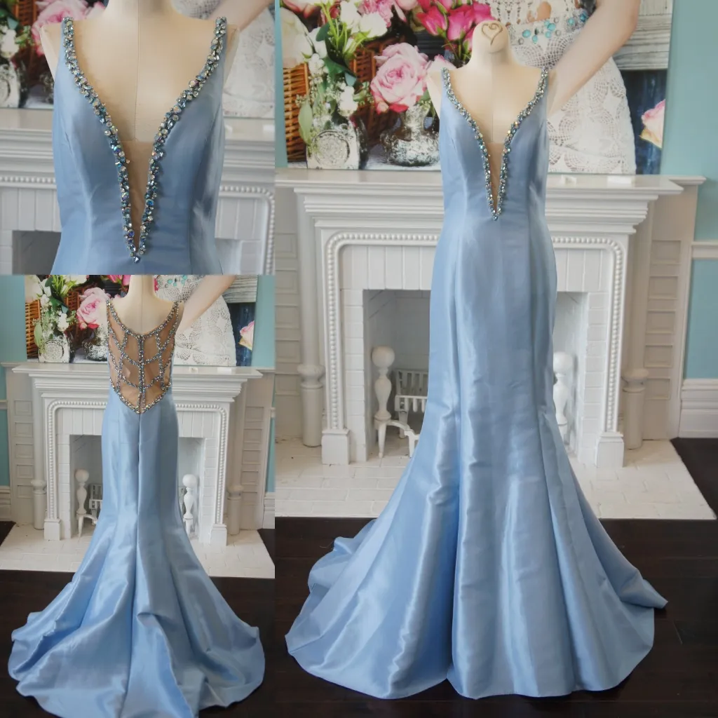 Rhinestones Prom Dress 2K19 우아한 빛 스카이 블루 플런트 넥 인어 공식 이벤트 착용 가운 민소매 민소매를 다시 구슬 착용