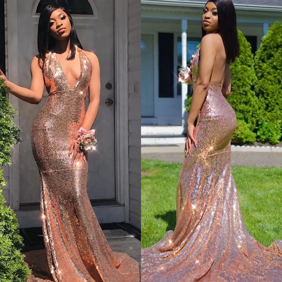 Sequined Mermaid Gold Sequin Prom Dress With Backless Design Deep V Neckline And Sweep Train Plus Size Formal Evening Gown From Weddingsalon 105.51 DHgate.Com