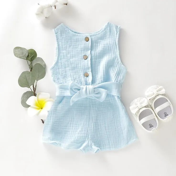Baby Rompers Kids Bowknot Belt Jumpsuits Infant Summer Button Solid Onesies Toddle Boutique Sleeveless Bodysuit Infant Climb Suit YP309