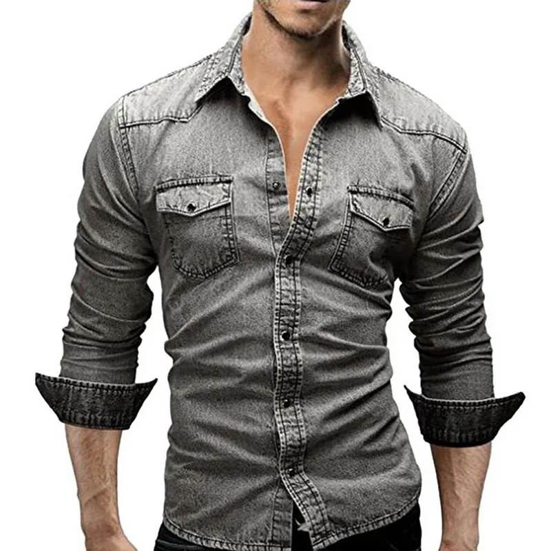 Men's Casual Shirts Denim Shirt Men Cotton Jeans Fashion Autumn Slim Long Sleeve Cowboy Stylish Wash Tops Asian Size 3XL