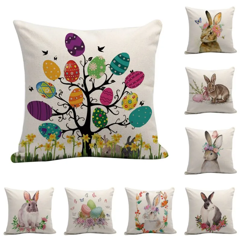 Federa per cuscino Happy Easter Cute Smiling Bunny Rabbit Color Eggs Home Cotton Linen Throw Pillow Case Federa per cuscino personalizzata