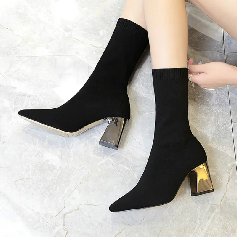 Hot Sale-2019 Outono Novas Pernas Finas Estiramento Meias Curtas Mulheres Botas De Malha Lã Apontaram High-Heeled Feminino Boot Slim Black Shoes Mulher