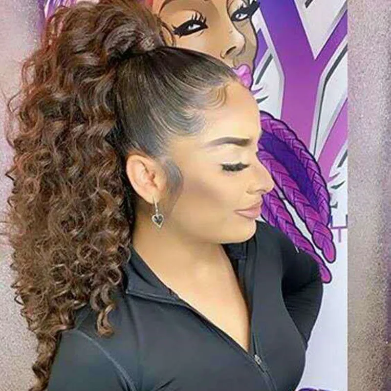 Ponytails Indian Virgin Natural Dark Black Clip In Elastic Band Hair Slips Drawstring Curly 3c Afro Kinky Human Hair Ponytail för svarta kvinnor