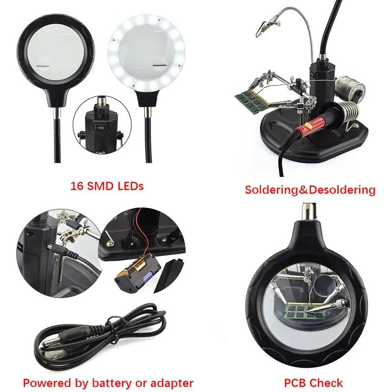 Freeshipping El Masaüstü Büyüteç Kaynak Helping 16 SMD LED Büyüteç Lehimleme Yardımcı Aracı Onarım