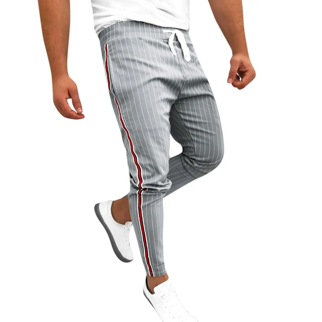 2019 Мужские Joggers Striped Latchwork Повседневная Стрижка Древесина Брюки Средние Длинные Брюки Полиэстер Смеси Plus Размер L415A