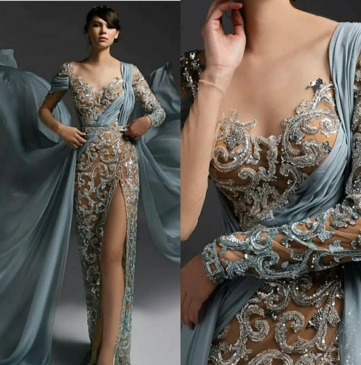 Dostosowane skromne sukienki wieczorowe syreny długie rękawowe klejnot klejnot kryształowy formalny sukienka podłogowa podłogę rozdzielająca impreza Druhna Suknia