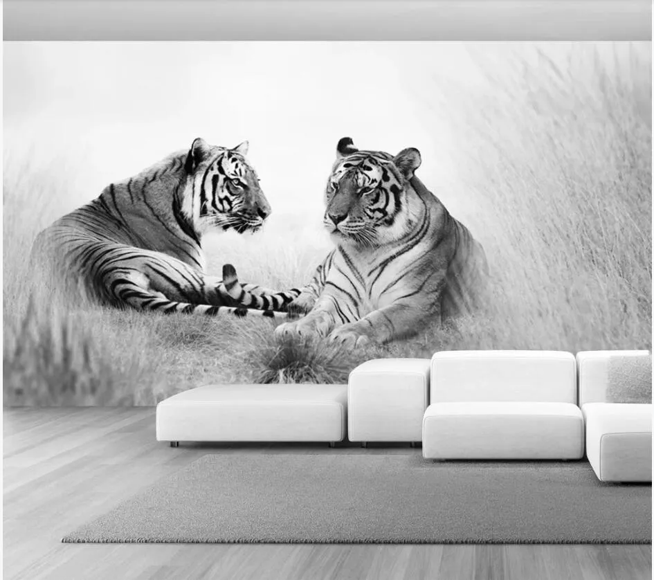 Papel de parede personalizado com animais de tigre, preto e branco, 3d,  mural de sala de