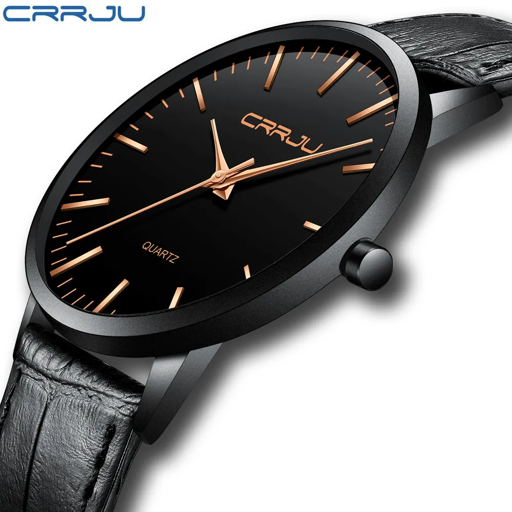 CWP2021 Luxury Mens Watches Crrju Men Ultra Thin Waterproof Sport Quartz Wristwatch Male Slim Leather Strap Present Clock Reloj HOMBR276U