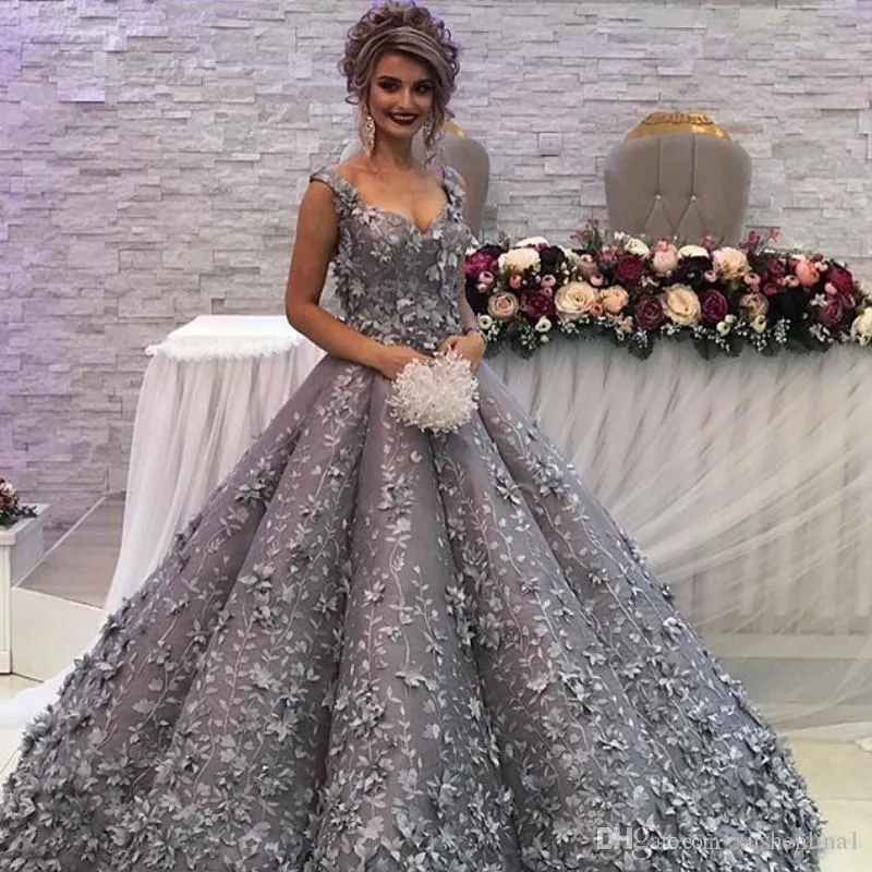Grey Princesa Prom Dresses Lace Floral 3D Appliqued A Linha Mergulhando Vestido decote Árabe Evening Custom Made Luxury formal do partido Vestidos