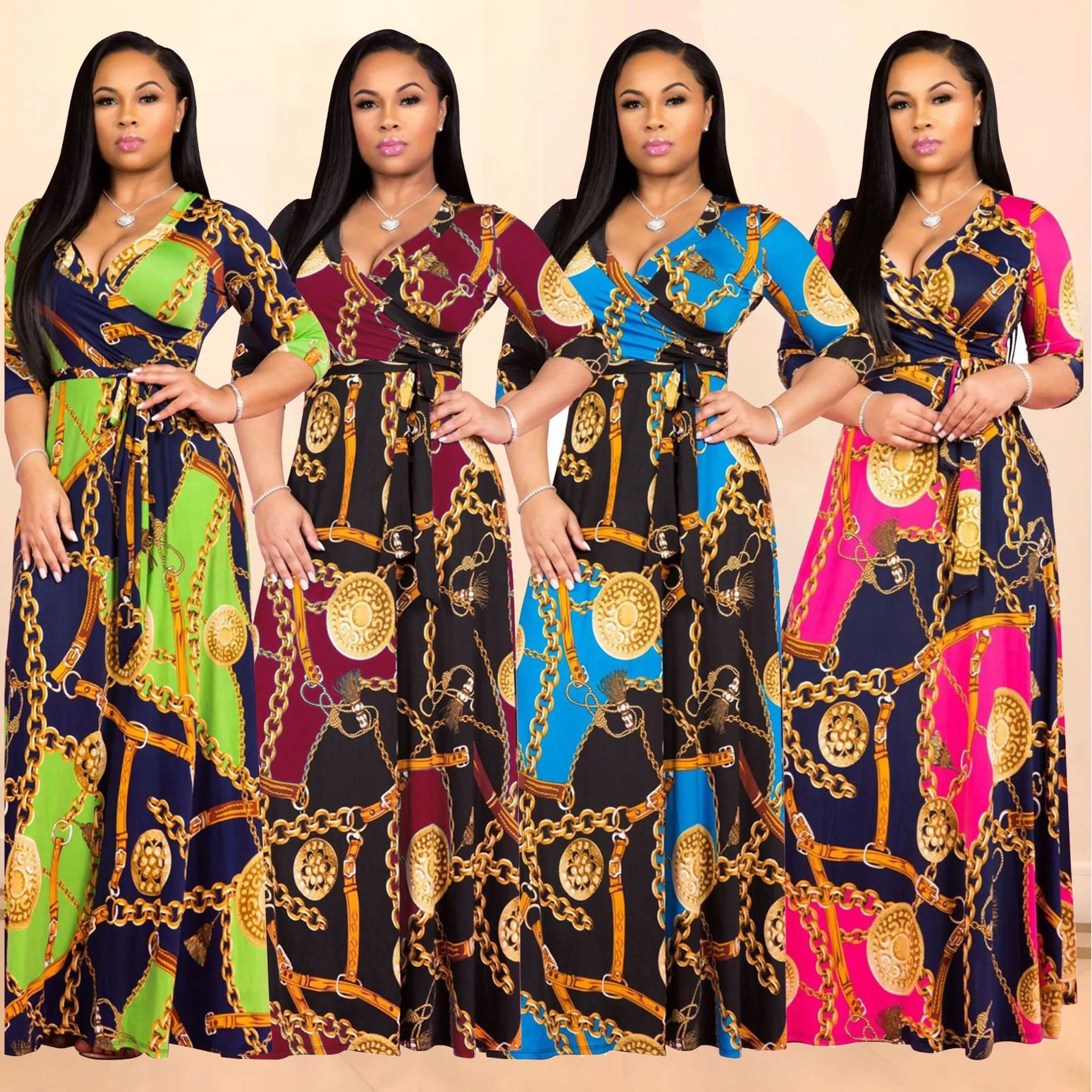 2019 Spring Womens Maxi Dress Traditional African Print Long Dress Dashiki Elastic Elegant Ladies Bodycon Vintage Chain Print Plus size 3XL