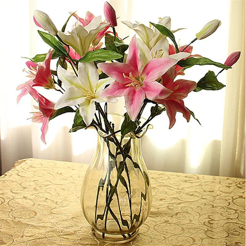 Falso lírio de flores lírios artificiais três cabeças de seda branco / rosa / rose red lily flor hastes para decoração de mesa de casamento em casa