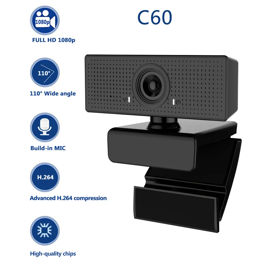 USB Full HD-webbkamera för dator PC: s gratis Drive Webkamera 1080p Video Samtalskamera med brusavbeställning MIC 110 graders vidvinkel H264