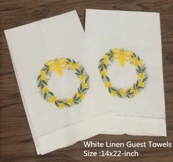 Set van 12 White Linnen Hemstitch Tea Handdoek Doek Gast Handschotel Keuken Badkamer Handdoeken 14 "X22" Borduurwerk Bloemen