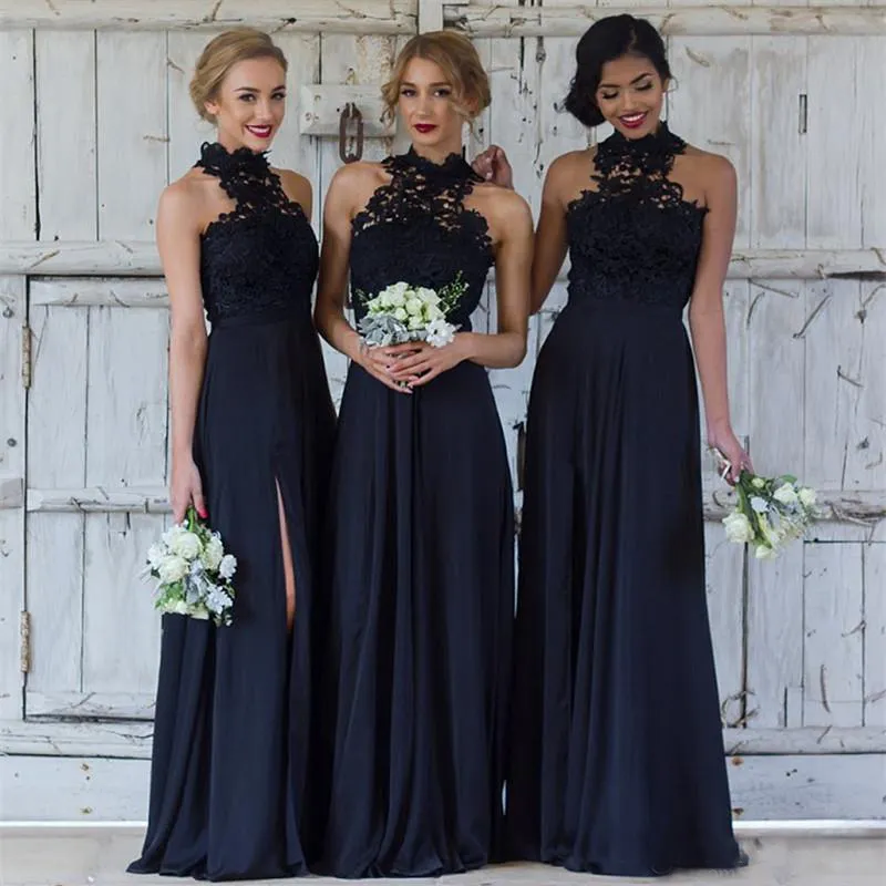 Cheap Classy Lace Bridesmaid Dresses Halter Neck Side Split Wedding Guest Dress Floor Length Chiffon A Line Maid Of Honor Gowns