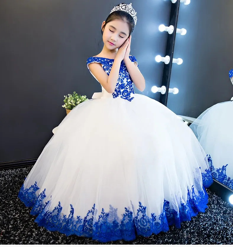 Royal Blue Lace White Tulle Flower Girls Dresses For Wedding Party Ball Gown Off the shoulder Backless Cheap First Communion Dress279j