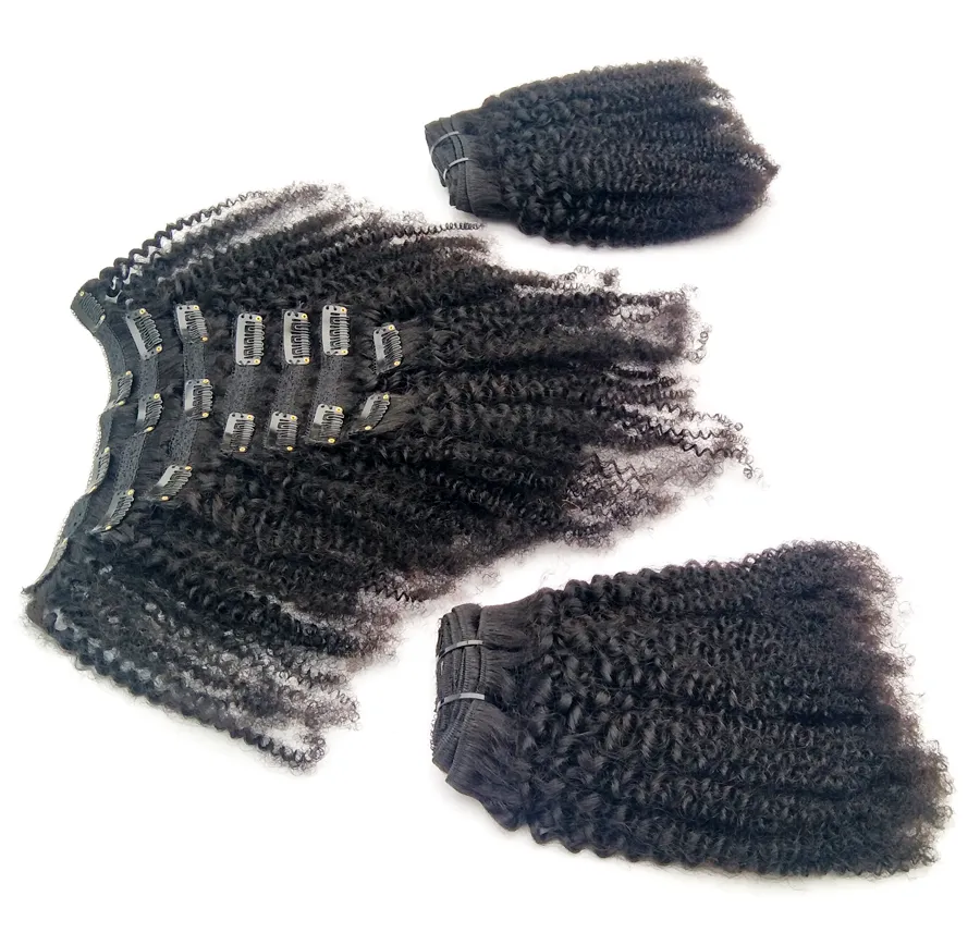 Indio Afro Kinky Curly Weave Remy Hair Clip en extensiones de cabello humano Color natural Full Head 8Pcs / Set 120G 8 "-20"