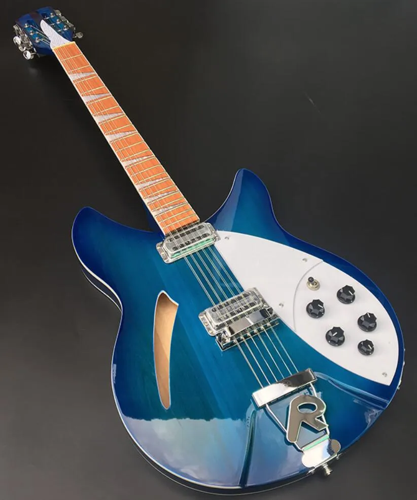 Sällsynta 12 strängar Trans Blue Semi Hollow Body Electric Guitar Gloss Lack Rosewood Fingerboard, 2 Brödrost Pickups, Två utgångar