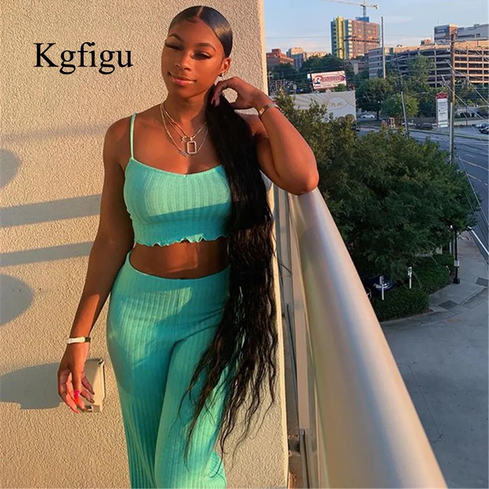 KGFIGU Geripptes zweiteiliges Set 2019 Sommer-Crop-Tops und weite Beinhosen lässige Strick-Matching-Sets Damenbekleidung T200116