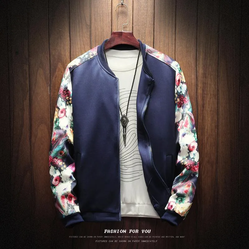 Jacket moda- Homens Patchwork Flowers manga comprida Zipper Casacos Brasão Men 'S Pilot Jacket Plus Size M-5XL