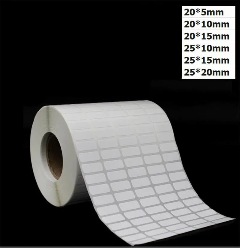 Molti pezzi / rotolo 20x5mm / 35x20mm Adesivi in carta per etichette in carta patinata in rame con stampa bianca