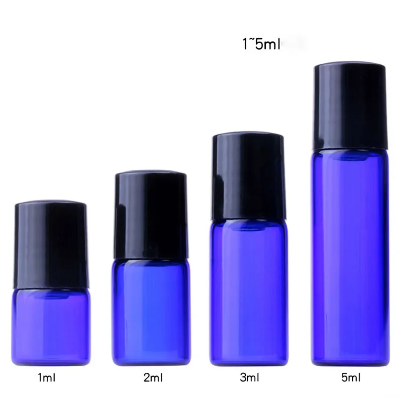 الجملة الزجاج الأزرق لفة على زجاجات 1ML 2ML 3ML 5ML الأساسية الرول النفط قوارير مع Staininless الصلب الكرة البسيطة الزجاج الأسطوانة زجاجة