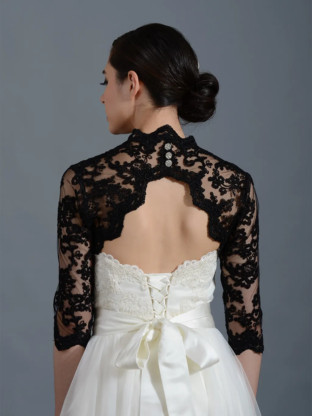 Giacca da sposa bolero da sposa vintage in pizzo nero, coprispalle, coprispalle, mezza manica in raso personalizzata, giacca aperta sul davanti per la sera del matrimonio Dres229Z