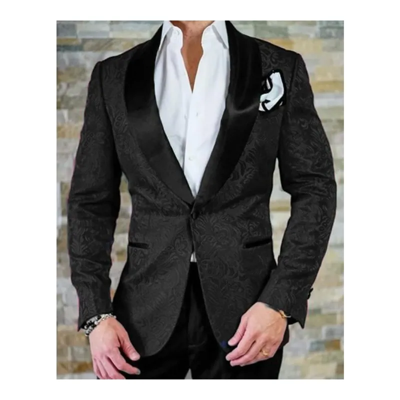 Custom Made Black Print Groom Tuxedos Shawl Lapel Best Man Groomsmen ...