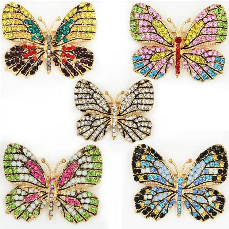 Mix Bunte Strass Schmetterling Broschen Modeschmuck Legierung Emailliert Gold Tiere Brosche Pin Kleider Zubehör Großhandel