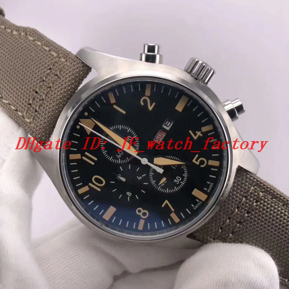 2019 신품 CHRONOGRAPH 남성 시계 IW377725 시계 파일럿 디자인 육군 녹색 녹색 가죽 스트랩 주간 시계 석영 최고의 선물