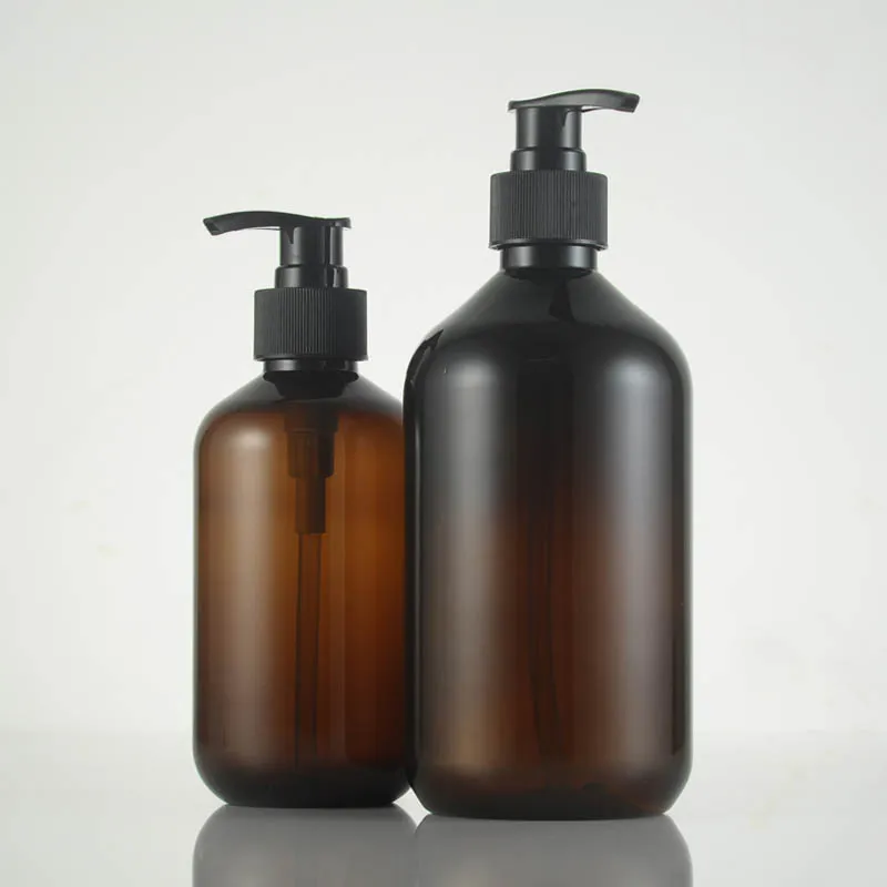 Bouteilles en plastique ambre de 10 oz 16 oz avec pompes à lotion pour organiser le shampooing de savon BPA gratuitement 300ml 500ml P165