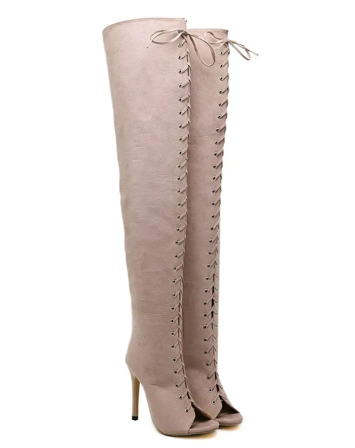 Sexy Vrouwen Peep Teen Lace Up Over The Knee Thigh High Boots Designer Shoes Milan Fashion Size 34 To 40