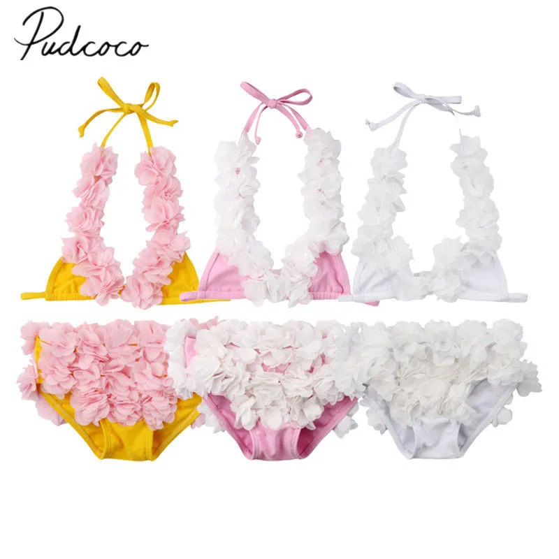 2019 Gloednieuwe 0-5Y Pasgeboren Kid Baby Meisje 3D Bloem Bikini Set 2 stks Mouwloze Riem Vest + Shorts Badmode Badpak Bad Beach