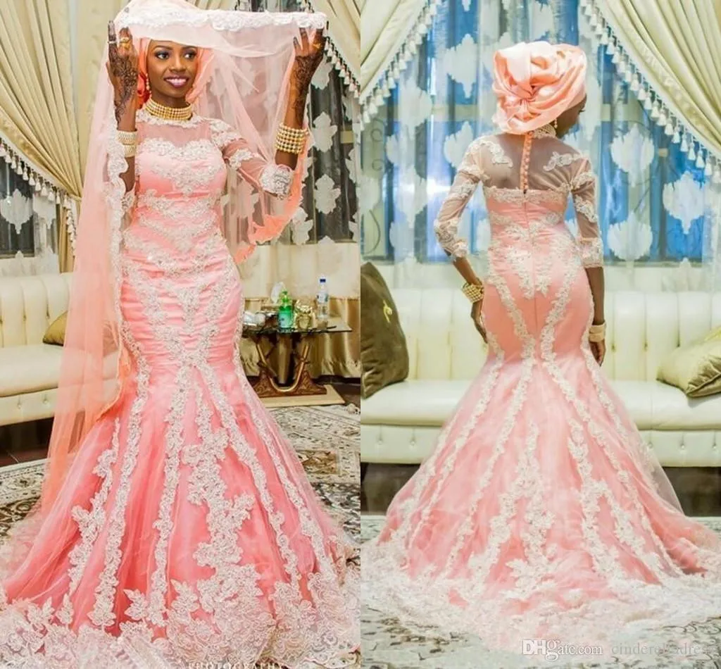 블러쉬 핑크 레이스 아프리카 ASO EBI 무슬림 인어 절반 슬리브와 함께 웨딩 드레스 아첨하는 나이지리아 신부 가운 버튼으로 덮여
