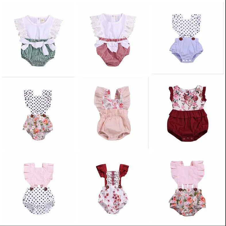 Baby Girls Kläder Barn Lace Bowknot Rompers Sommar Patchwork Plaid Triangle Jumpsuits Nyfödda Ärmlös Onesies Lovely Outfits BYP616