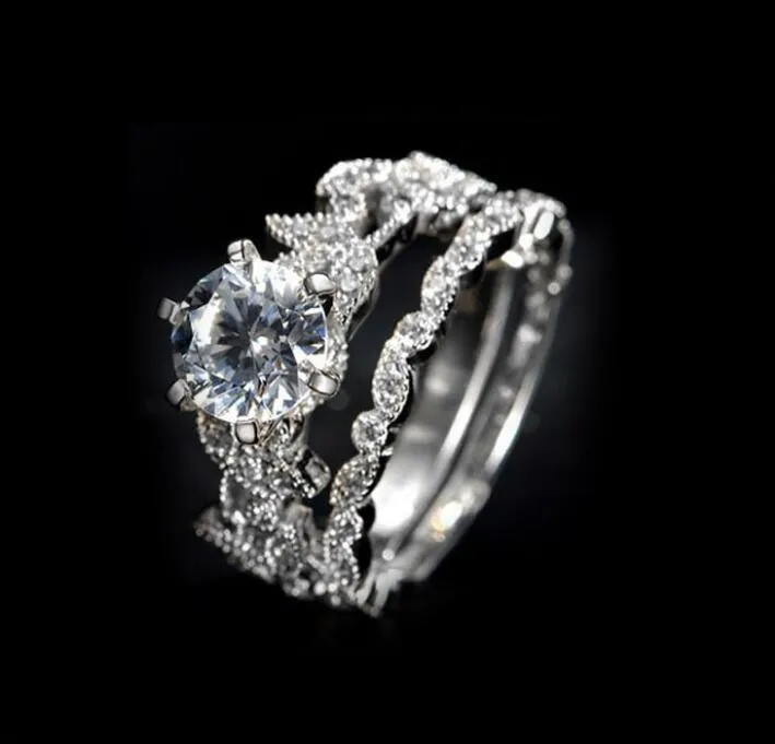 Fashion- Lady's 925 sterling sterling flower simulata diamante cz pietra pavimentata 2 dichiarazione banda di nozze anello set gioielli per le donne