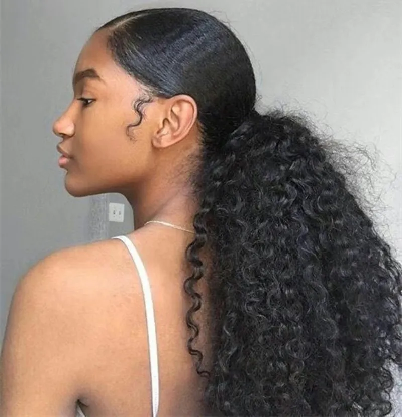140g Afro Kinky Curly Ponytailクリップ中心部10-22インチブラジルのレミー人間の髪のPonytail黒人女性のための自然な色