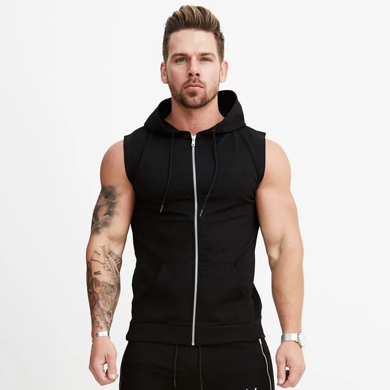 Muscle Brother Sport Casual Light Board Fitness Fitness Outdoor Rits Hooded Tops Mouwloze Trend I-vormige vest