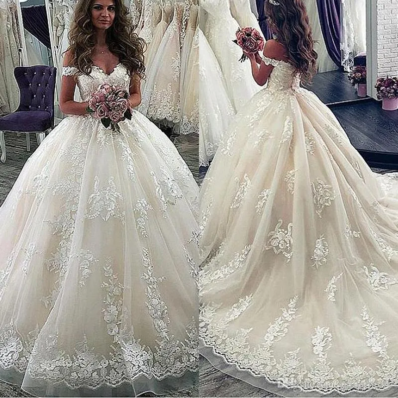 Elegante fora do ombro princesa vestido de baile vestidos de casamento em camadas tule rendas apliques trem varredura vestido de casamento vestidos de noiva robes de bal