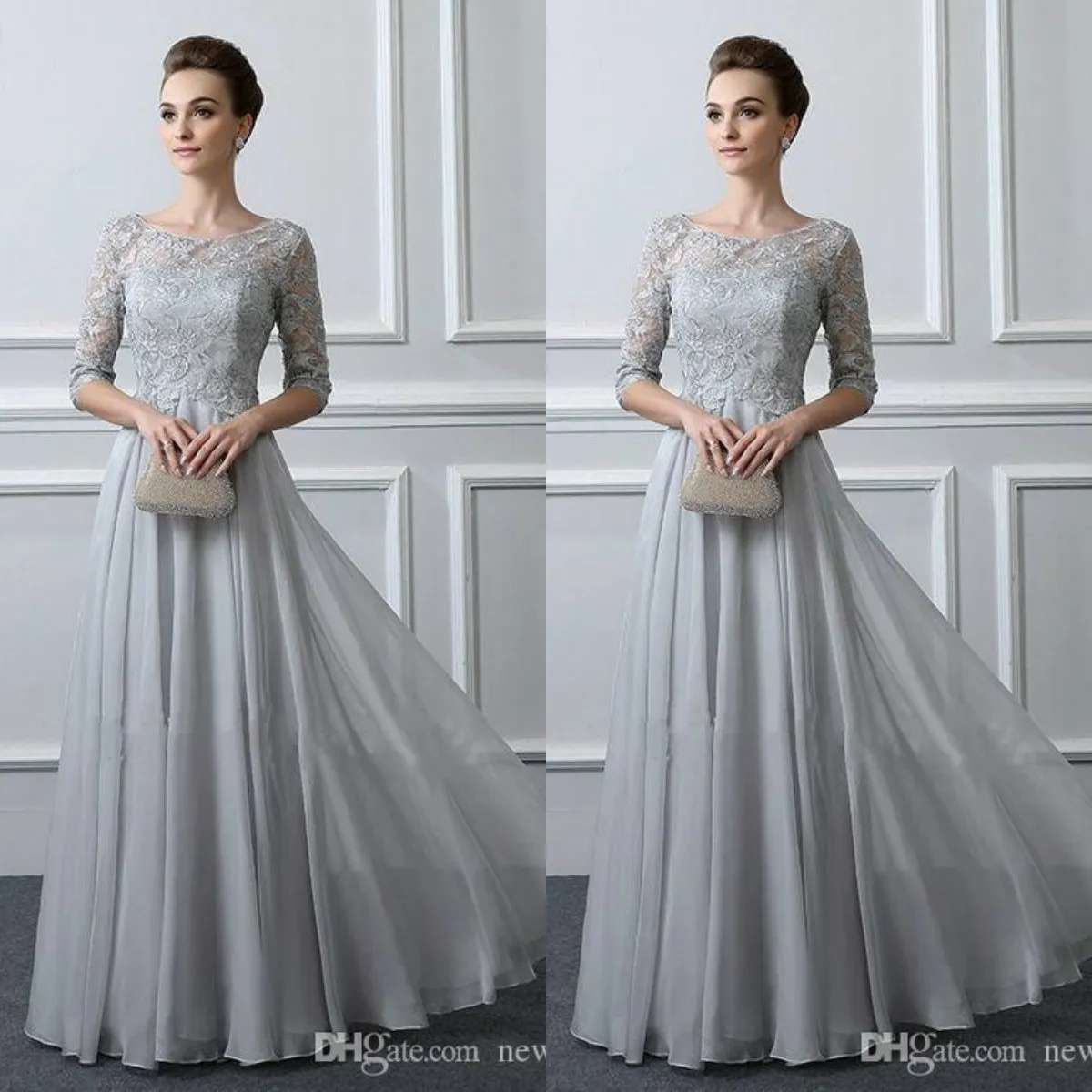 Sliver Lace Mother Of The Groom Dresses with 3/4 Sleeves A-Line Chiffon Wedding Guest Gowns 2020 Mothers Evening Formal Wear