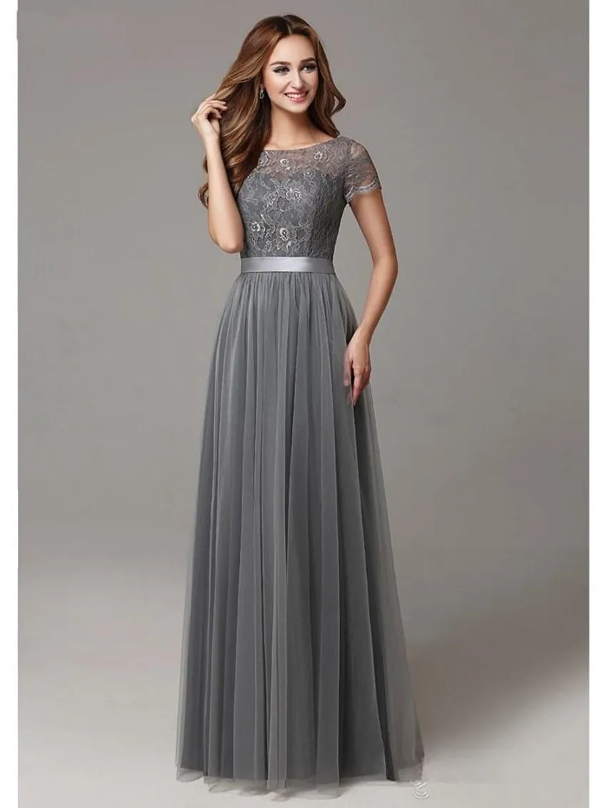 2020 Grey Lace Tulle Grey Bridesmaid Dresses Long With Cap Sleeves And Sheer Neckline Perfect For Formal Weddings And Parties From Hxhdress 46.24 DHgate.Com