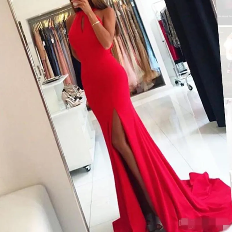 Sexy vermelho sem costas vestidos de baile sereia halter fenda frontal 2019 feito sob encomenda barato longo vestido de festa de noite formal ocn wear 401 401
