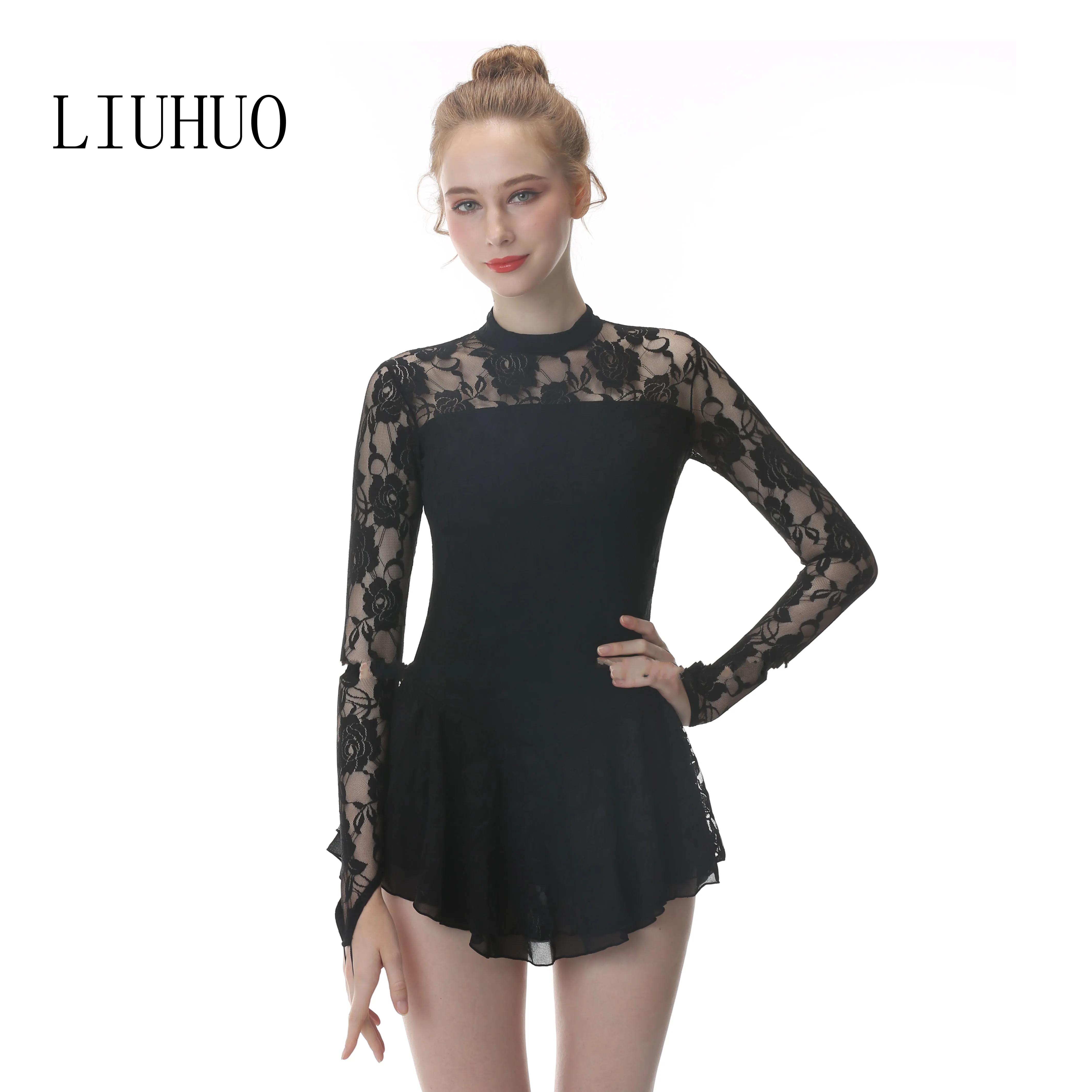 LIUHUO Custom Skating Dress girls figure skating skirts sexy black lace Girl/Women/Kids Performance Black Lace